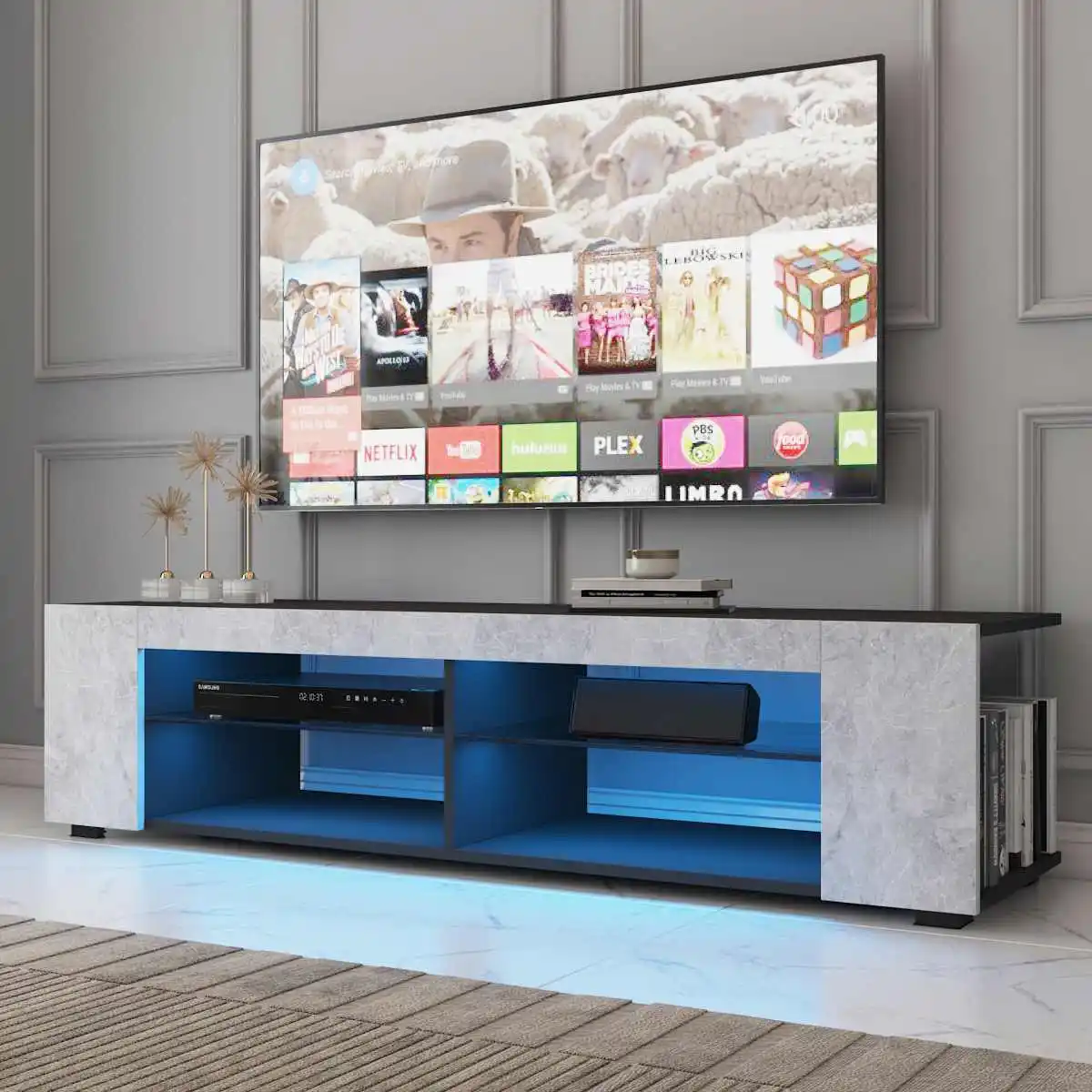 High Gloss Modern TV Stand Unit with Bookshelves + LED Light + 4-Shelf Console Cabinet Home Office Living Room Furniture