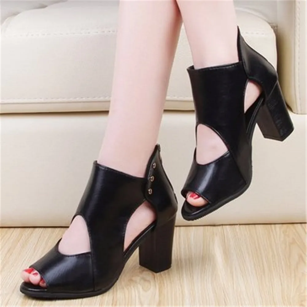 2024 Summer New Soft Leather Fish Mouth Sandals Women's High Heels Hollow Out  Fashion Sandals Versatile Shoes Black Brown 34-42