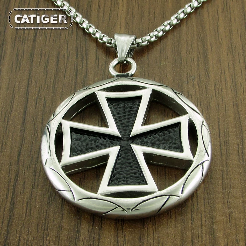 Vintage 316L Stainless Steel Silver Color New Iron Cross Round Pendant Necklace Jewelry