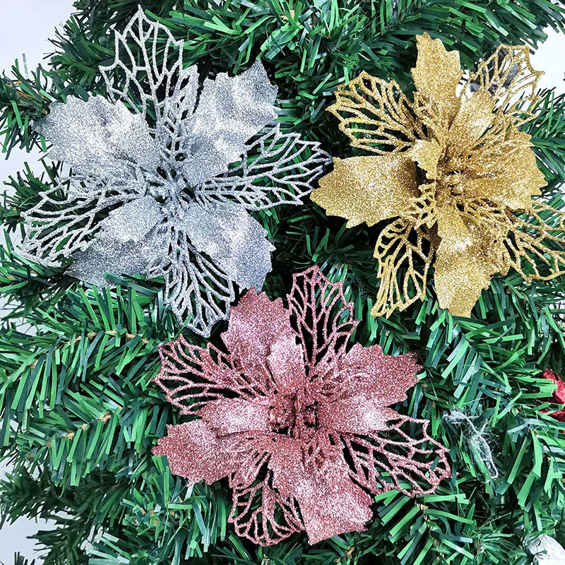 (5pcs/pack) 15cm Artificial Christmas Tree Flower Glitter Decorations Xmas Ornaments New Year Gift Wedding Party Decoration