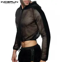 INCERUN-Tops cortos de malla con capucha para hombre, camiseta informal Sexy transparente de Color sólido, ropa de calle con cremallera para entrenamiento, 2024