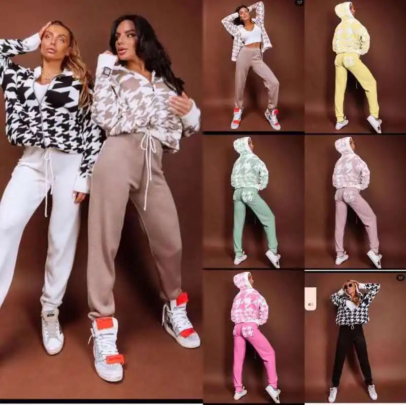 ALPHALMODA Nieuwe Stijl Plaids Capuchon Trui Jas + Broek Vrouwen Winter 2 stks Trendy Pak Rits Jumper Losse Top + broek Pak