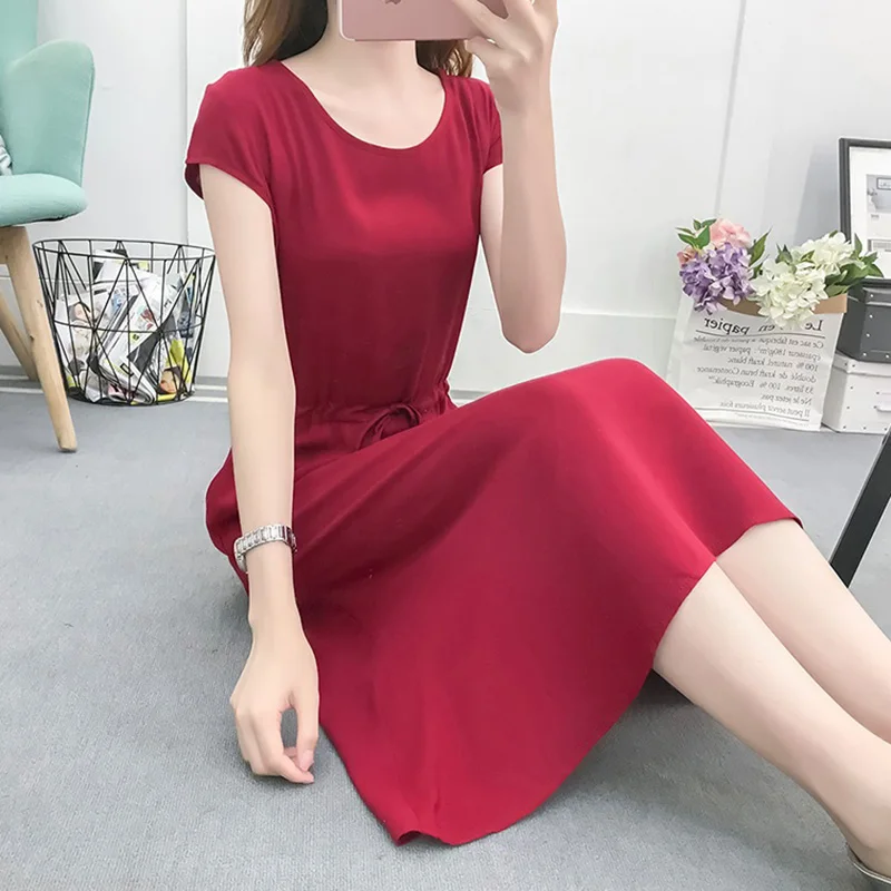 

Women's Dress Summer Clothes Round Neck Short Sleeve Loose Waist Drawstring Cotton Silk Ladies Dresses Vestidos Beach Dress K265