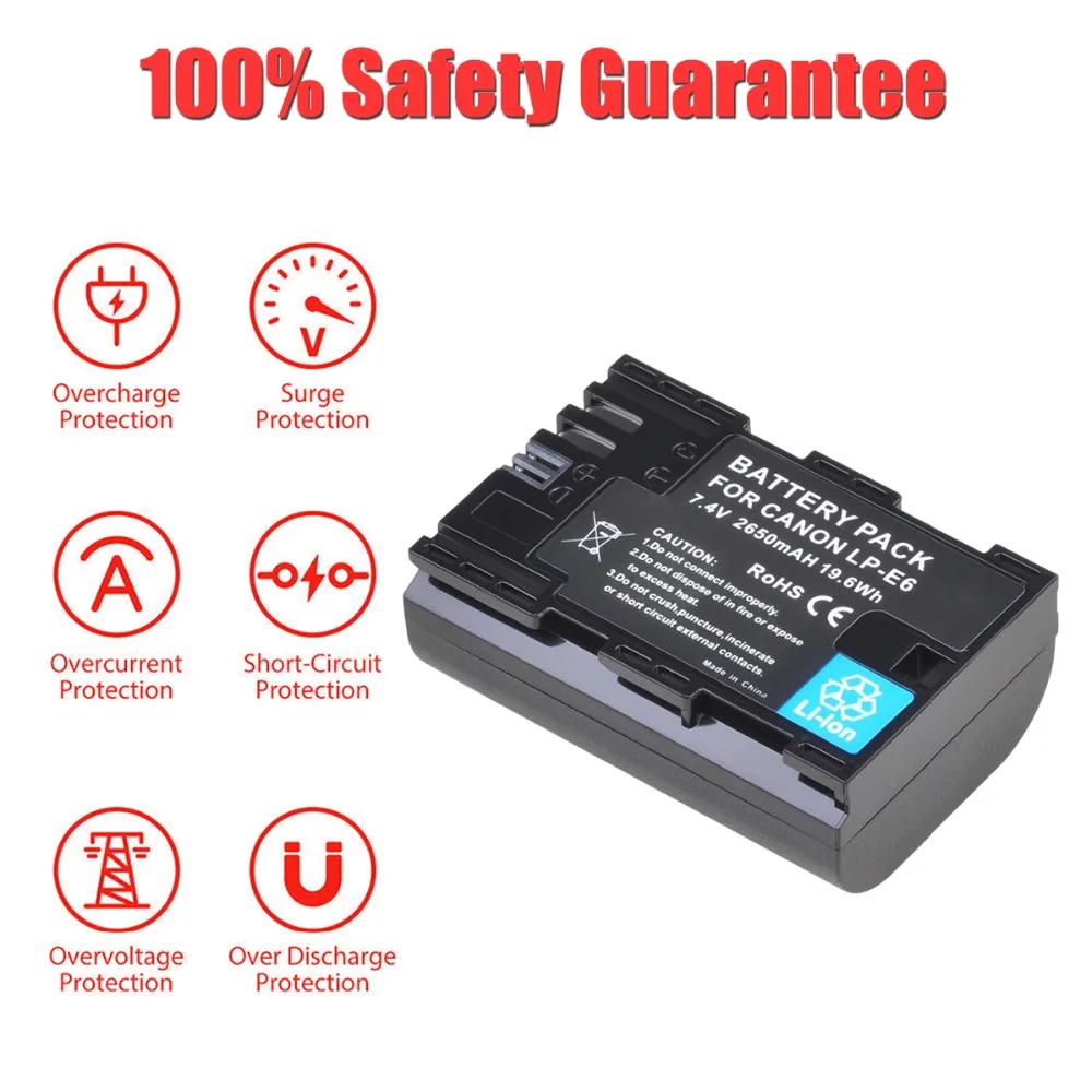 2650mAh LP-E6 LP-E6N 배터리 LPE6 LP E6 E6N Bateria + 캐논 EOS 5D Mark II III 50D 6D 60D 7D 70D 80D 90D EOS R 용 듀얼 충전기