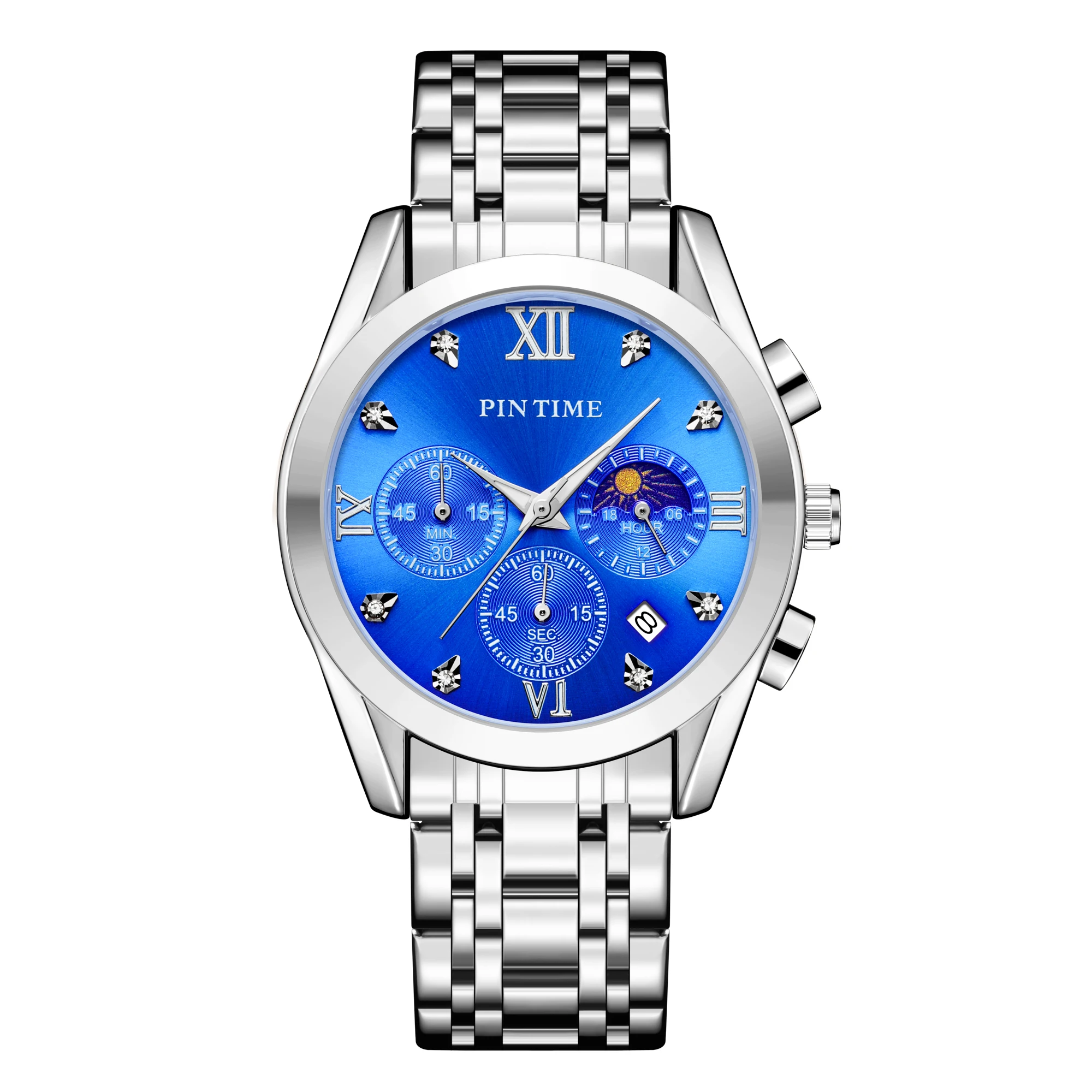 

Fashion Men Casual Dress Watch Stainless Steel Moon Phase All Dial Work Chrono Function Stopwatch Luminous Waterproof Montre