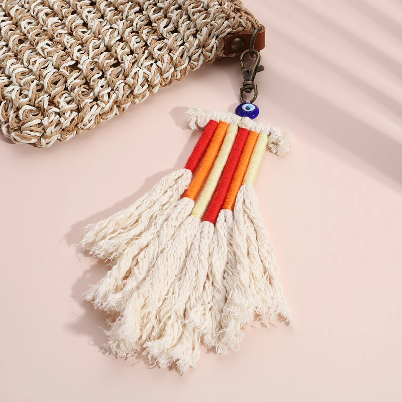 Multicolor Tassel Keychain Handmade Layered Bohemian Eye Beads Key Ring For Women Macrame Bag Boho Key Holder Jewelry Gifts