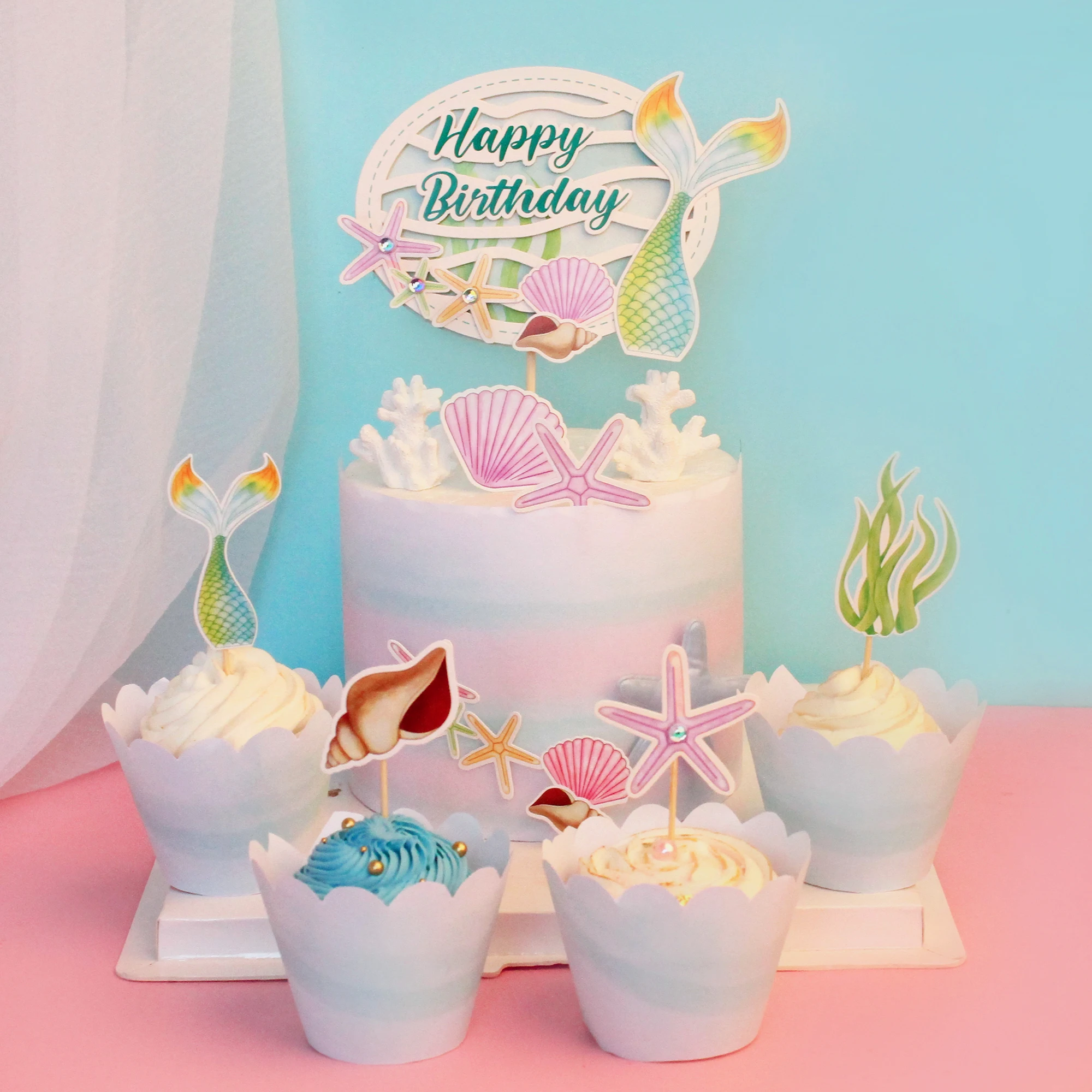 

Cake Topper Starfish Shell Conch Mermaid Kids Happy Birthday Wedding Decoration Anniversaire Party DIY Baking Cupcake Toppers