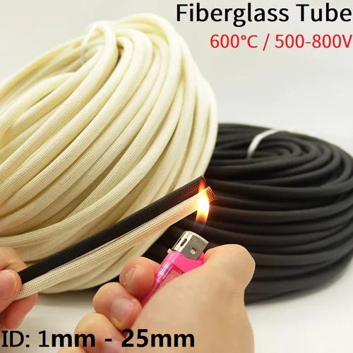Funda de fibra de vidrio trenzada, tubo de fibra de vidrio químico de alta temperatura, color blanco y negro, 1mm ~ 25mm, HTG 600 Deg.C