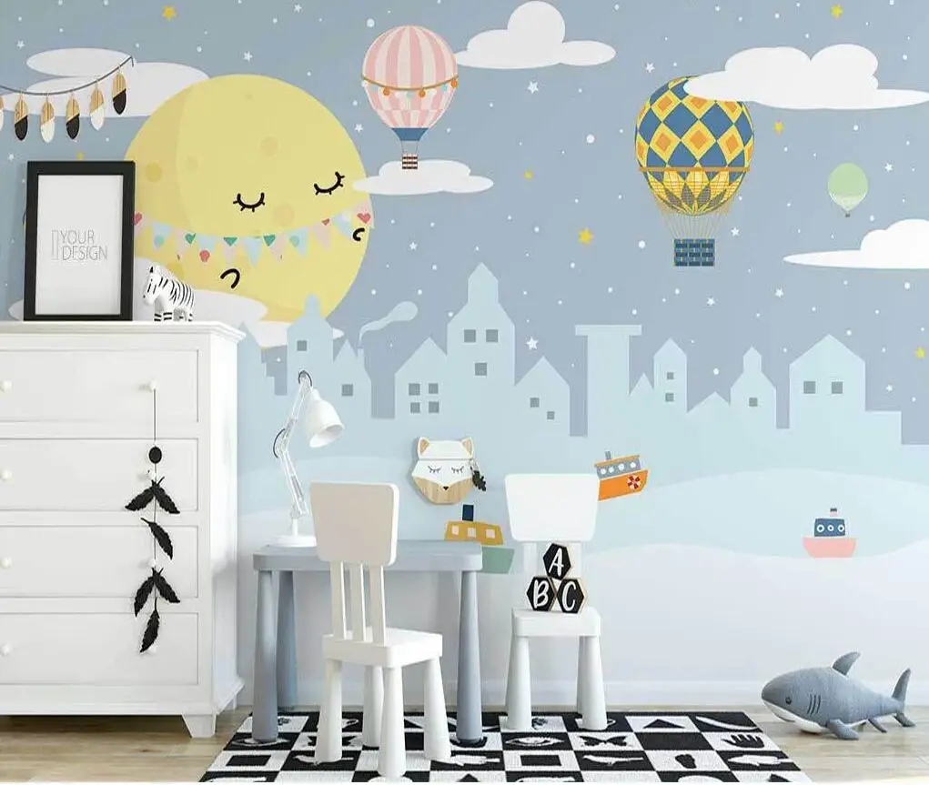 

Customize any size wallpaper hand-painted hot air balloon small house children's room background wall decoration 3d wallpaper