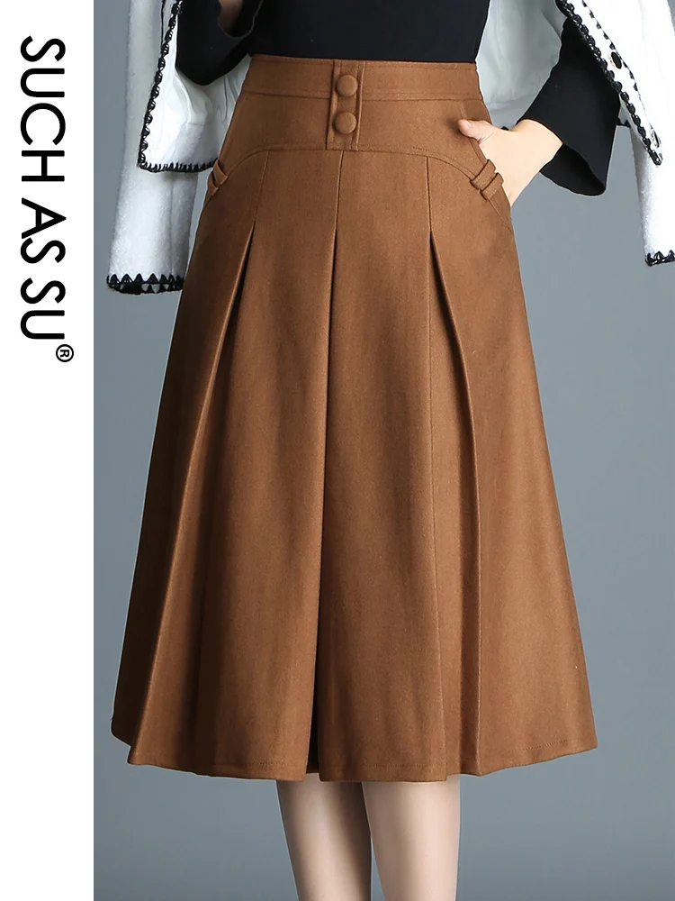 SUCH AS SU New 2023 Women Black Brown Button High Waist Pleated Skirt Autumn Winter S-3XL Size Female Mid-Long Pockets Skirt