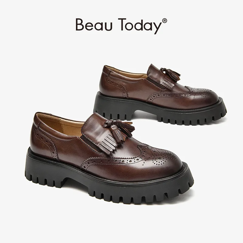 

BeauToday Platform Loafers Women Genuine Cow Leather Brogue Round Toe Fringe Chunky Sole Ladies Casual Shoes Handmade 27786