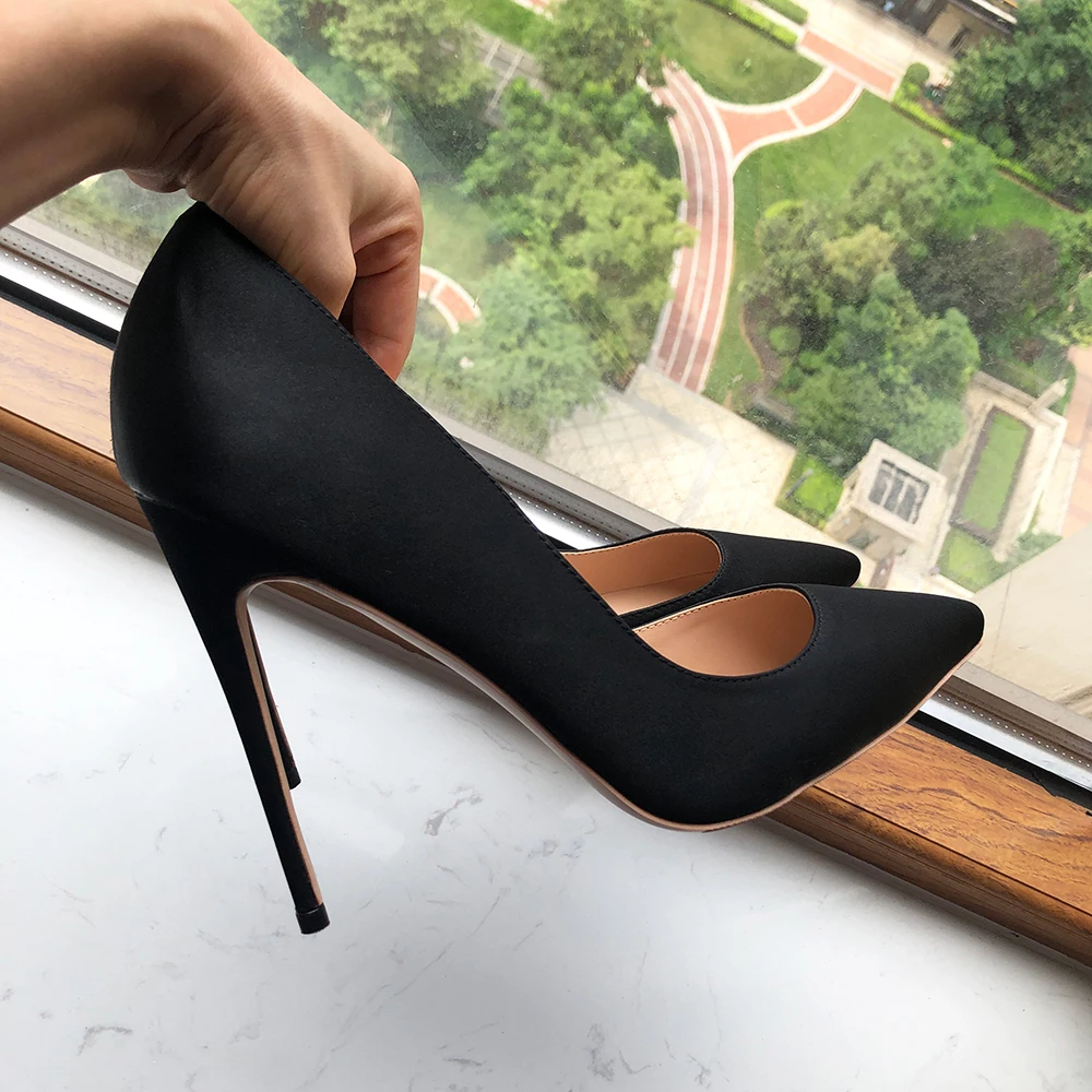 Tikicup Women Black Silk Satin D\'Orsay Stiletto Pums Pointe Toe Slip on Elegant Ladies Formal Fashion Chic High Heel Dress Shoes