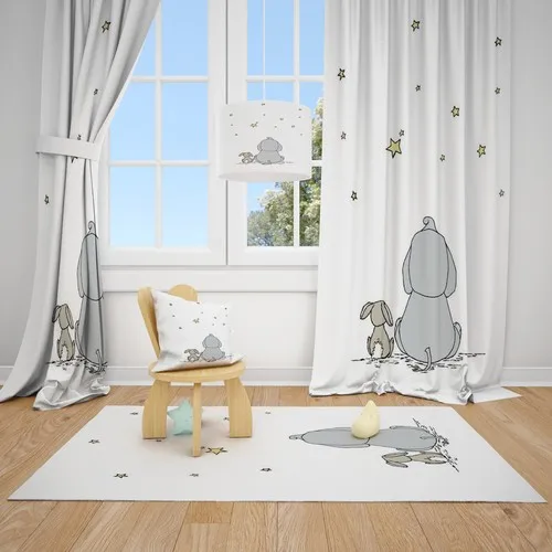 Cici Design White Floor Elephant Rabbit and Stars Children Baby Room Backdrop Curtain 1 Wing 70x270