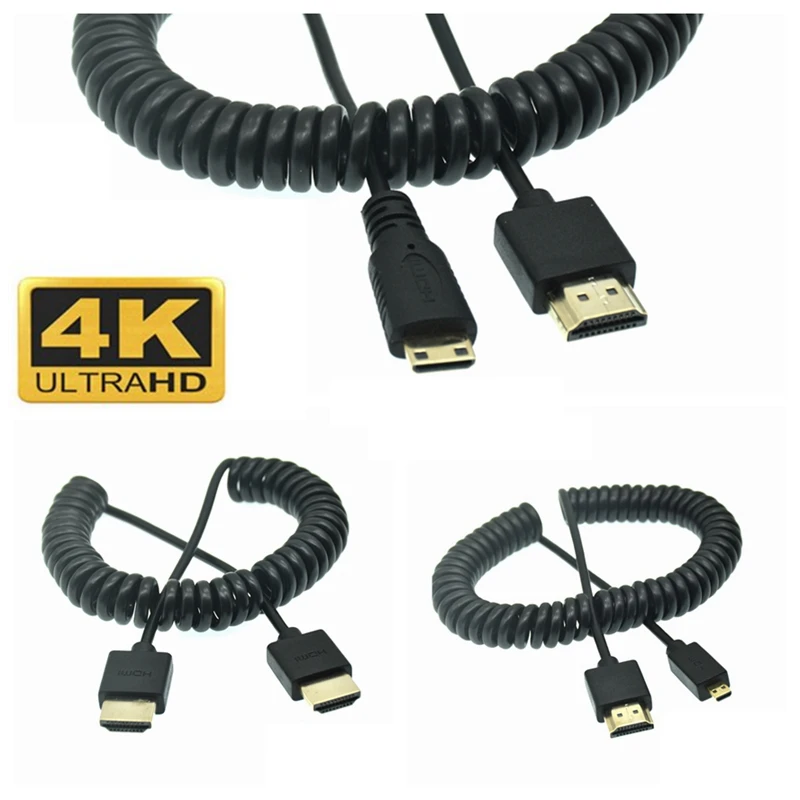 OD 3.0mm Mini HD To Hd Coiled Cable HDMI-2.0 To Micro HDMI-compatible Stretch Spring Curl Flexible Thin Cables 2k 4k Hd @60hz