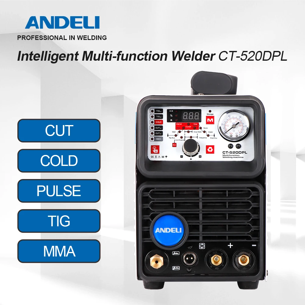 ANDELI TIG Welding Machine CT-520DPL CUT/COLD/TIG/MMA/Pulse 5 in 1 220V TIG Welder Built-in Oil-water Separator Gas Regulator