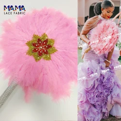 African New Arrival Pink Feather Fan With Sequins Stones Nigerian Wedding Feather Fan For Wedding Bride Bridesmaid Accessories