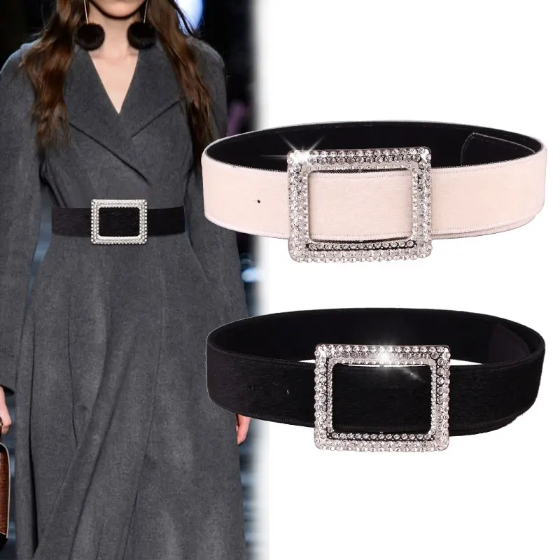 

Women 110* 5cm Waist Cover Big Buckle Crystal Wide Belt Fashion All collocation Skirt Coat horse hair Designer Women Wide Belts