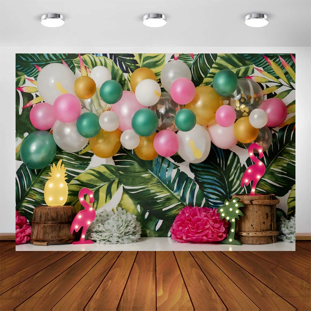 写真の背景ケーキの花輪夏のトロピカルグリーンの葉フラミンゴ誕生日パーティーの写真背景スタジオの装飾