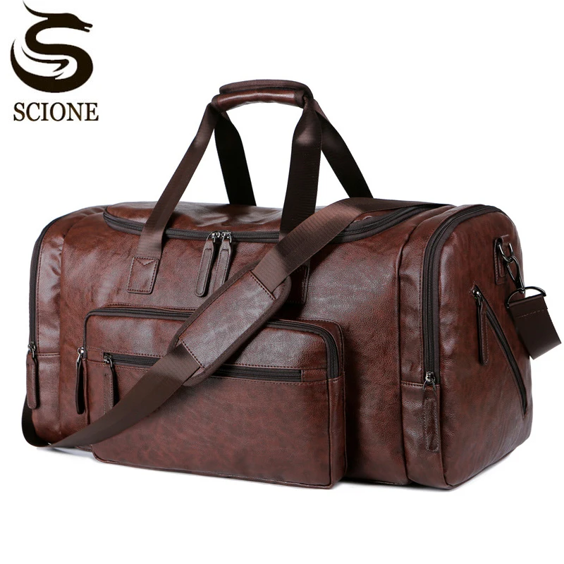 

Men PU Leather Travel Handbags Large Capacity Business Travel Carry On Luggage Pack Black Brown Shoulder Fitness Duffel BagX894M