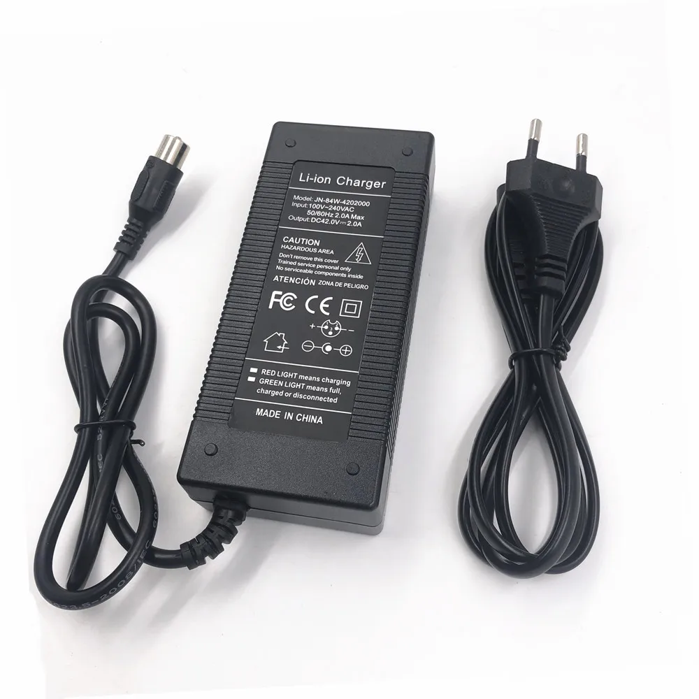 Carregador de bateria de lítio, 42V 2A Carregador, RCA Plug Quiet Charger Pack, 36V