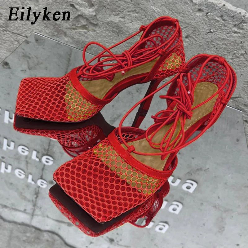 Eilyken Sexy Mesh Pumps Sandals Female Square Toe High Heel Lace Up Cross-Tied Stiletto Hollow Dress Shoes Zapatos Mujer