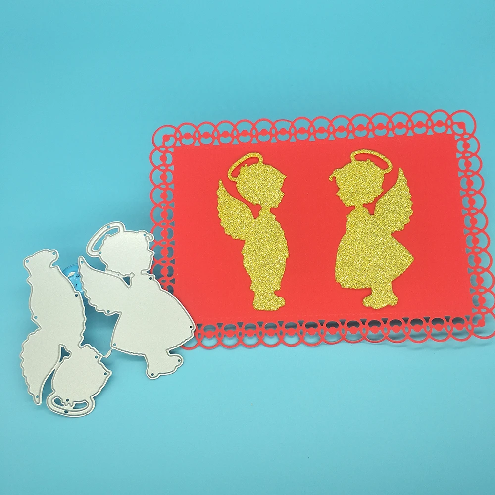 Boy and girl little angels with wings, halo, metal cutting knife mold, scrapbook album decoration, DIY handmade art