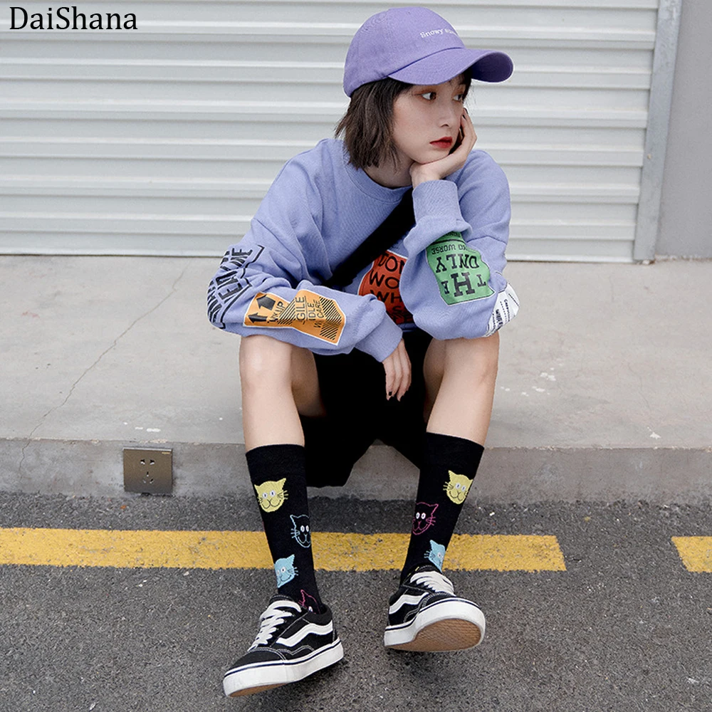 DaiShana New Arrival Harajuku kobiety skarpetki czesana bawełna kot motyw psa szczęśliwe skarpetki Unisex moda Casual kostki skarpety dziewczęce Meias