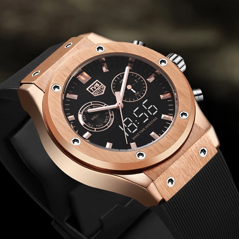 2021 TVG Top Brand Luxury Rose Gold Watches Men Sports Watches Dual Display Quartz Wristwatches Multifunction Clock Reloj Hombre