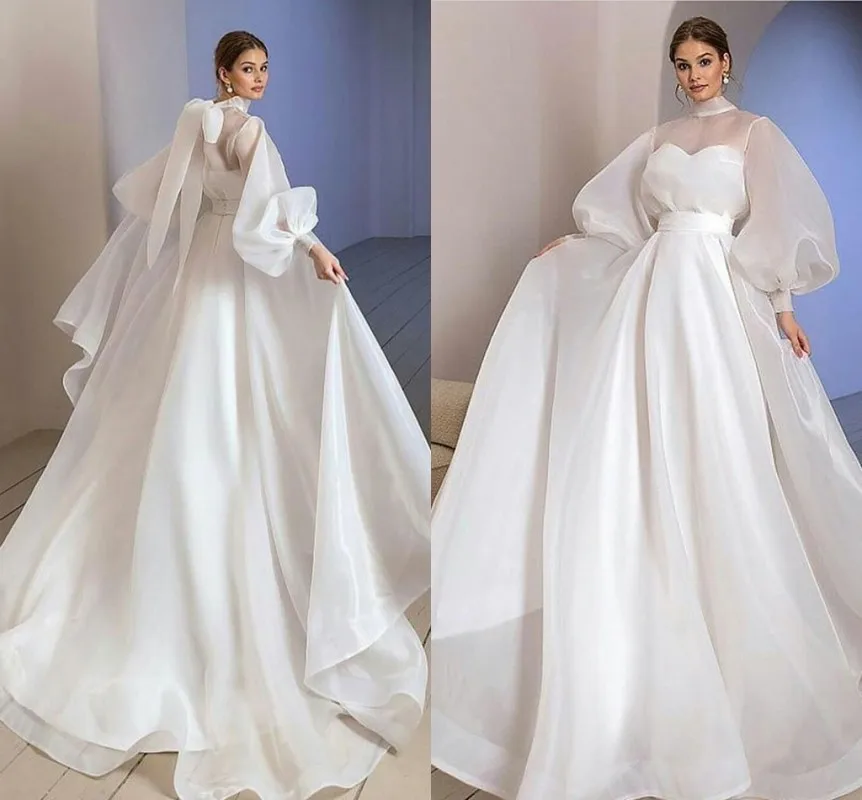 White Organza Prom Dresses Puff Long Sleeves High Neck Arabic Evening Gowns Long Elegant Formal Party Wear Vestidos De Noiva