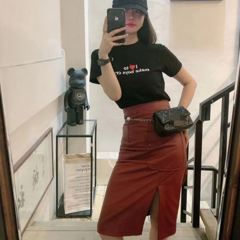 Real Women Leather Mid Skirts Autumn Winter Slim High Waist Front Split Wrap Skirt Fashion Elegant Ladies Wine Red Skirts S-XL