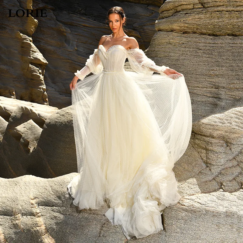 

LORIE Dots Tulle Boho Wedding Dress 2022 Puff Sleeves Bride Dresses Off The Shoulder Vestido De Noiva Lorie Wedding Gowns