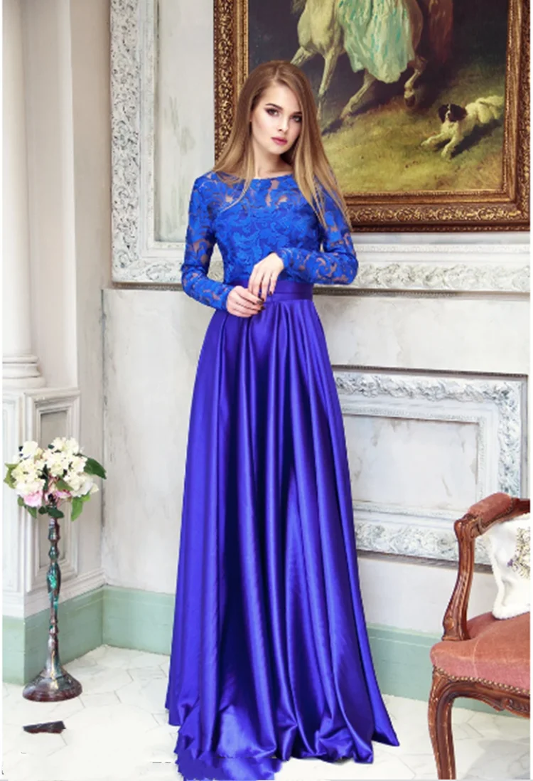 Lace Blue Evening Dress Special Occasion Woman Prom Gown Maxi Sexy Long Sleeve A Line Formal Dresses