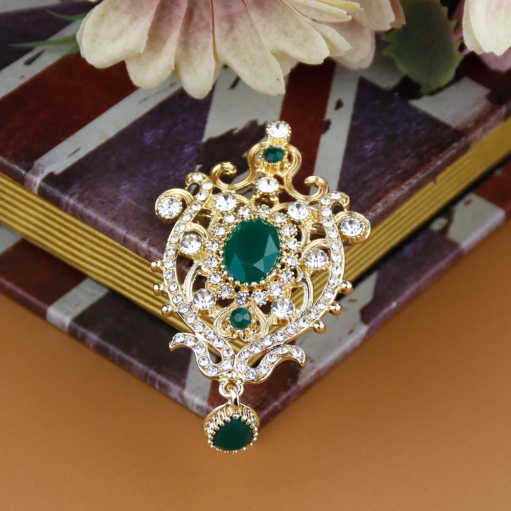 Sunspicems Gold Color Flower Women Brooch Pin Ethnic Crystal Wedding Jewelry Indian Arab Bridal Bijoux Morocco Caftan Brooches