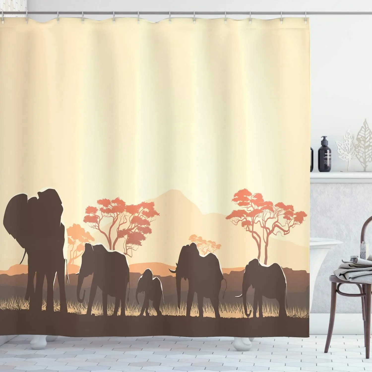 Africa Shower Curtain African Wildlife Safari Big Animal Elephants in Forest with Lake Nature Scene Fabric Bathroom Decor Set