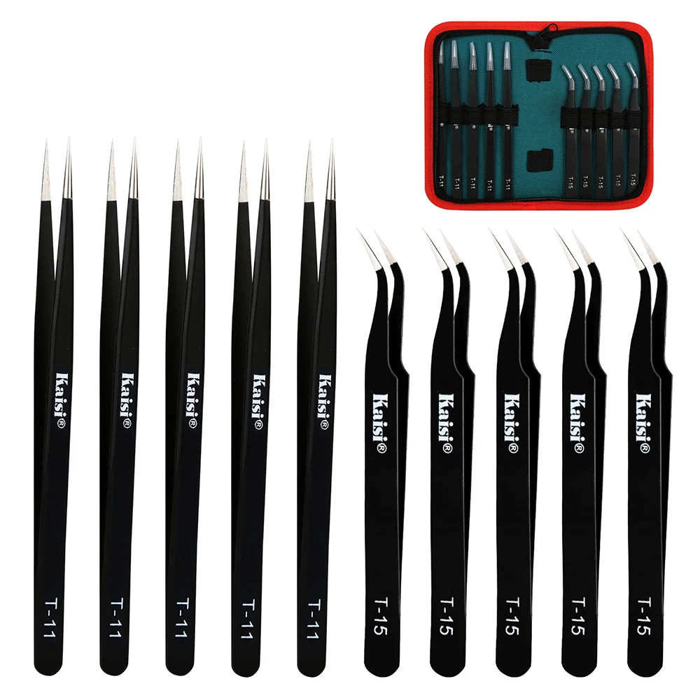 10Pcs ESD Antistatic Tweezers Tool Set High Tip Curved Straight Tweezer Stainless Industrial Precision Repair Tool Kit