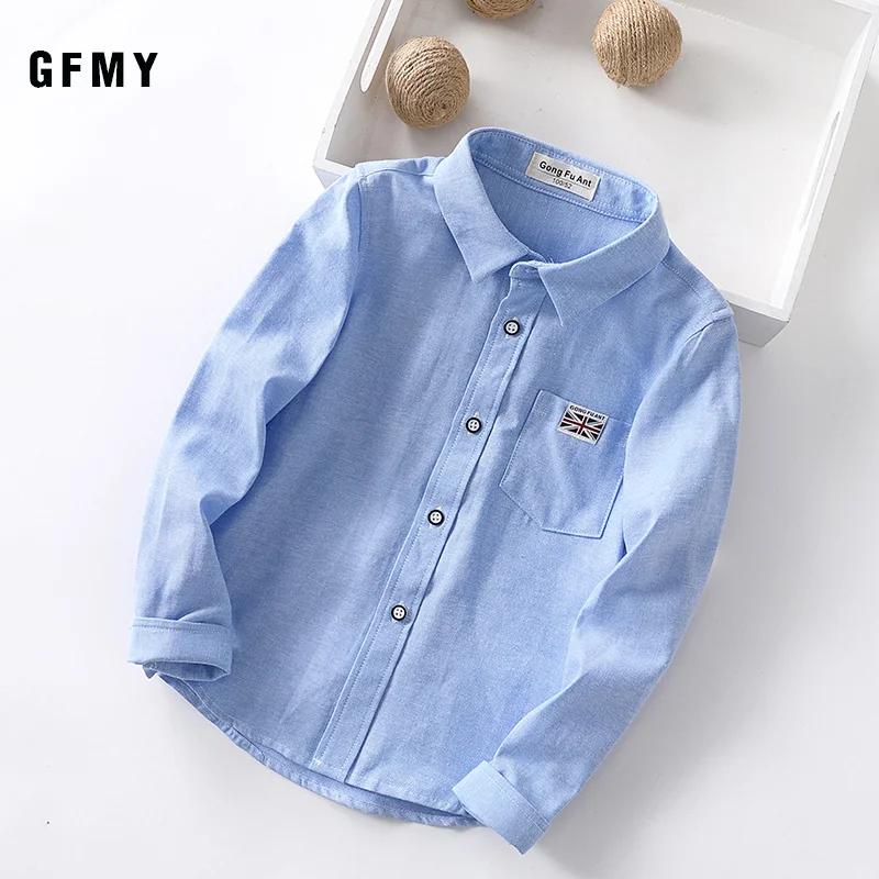 GFMY 2020 New Spring Autumn Oxford Textile Full Sleeve Solid Color Blue boys White Shirt 3T-14T Kid Casual  School Clothes 801