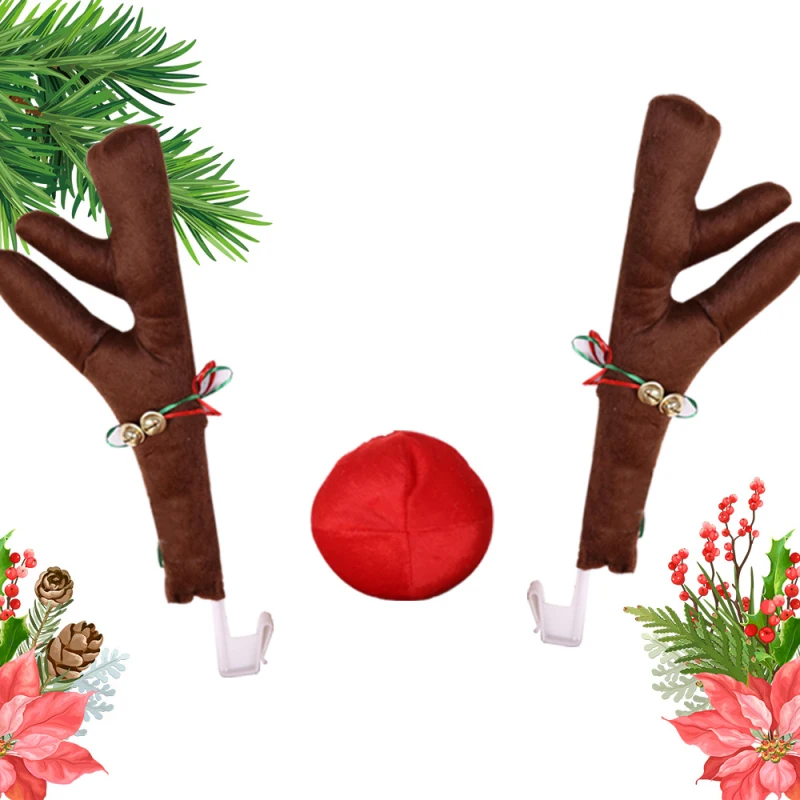 Christmas Car Decoration Accessories Car Truck Costume Reindeer Deer Antler And Red Nose Christmas Car Decoration Kit For Auto