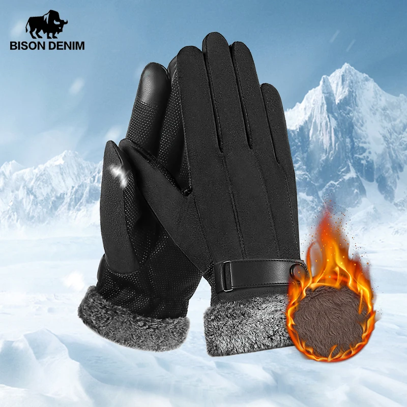 BISON DENIM Men\'s Winter Gloves Suede Touch Screen Warm Autumn Winter Gloves for Men Outdoor Sport Skiing Hiking Gloves S036