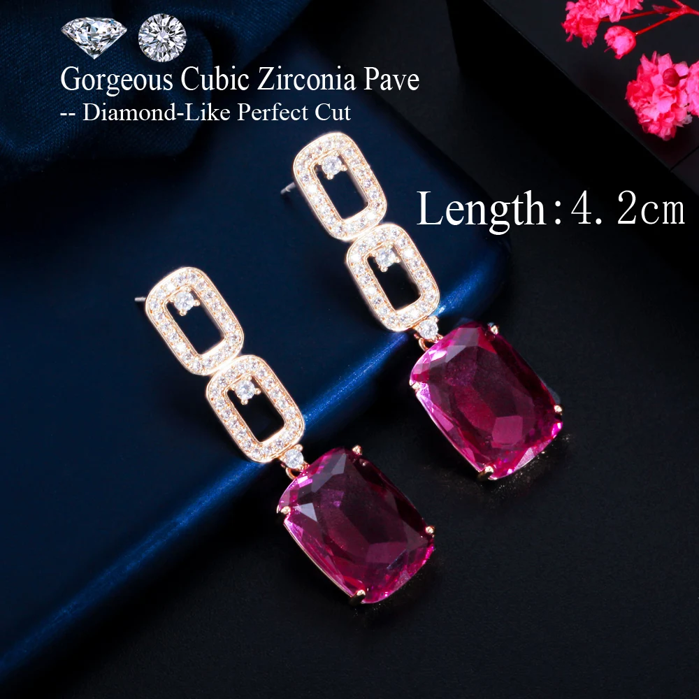 CWWZircons 2022 New Fashion Geometry Square Red Green Cubic Zirconia Crystal Long Dangle Drop Earrings Jewelry Pendientes CZ853