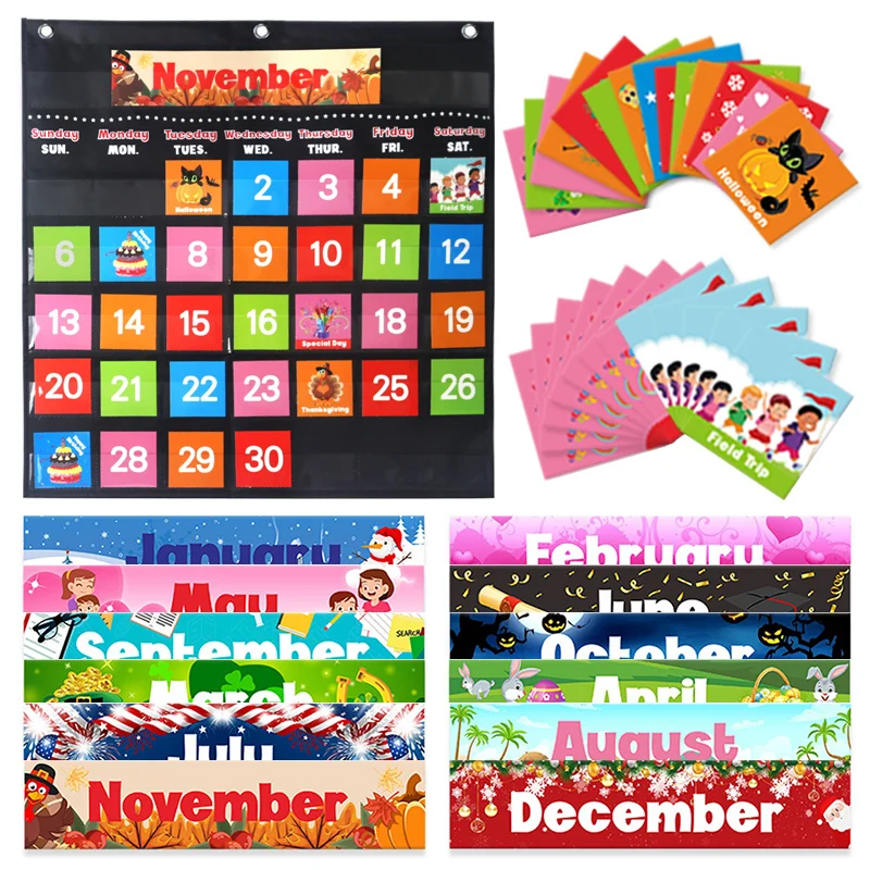 Early Education Calendar Hanging Bag Teaching Aid Calendar Pocket Chart Card Month Holiday Date Classroom Bedroom Learning Toys