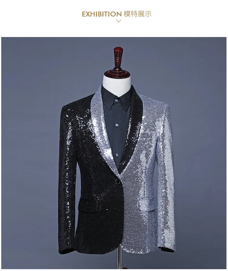 

Freeship half silver half black sequined mens bar/club/tuxedo jacket/stage performance,only jacket/Asia size