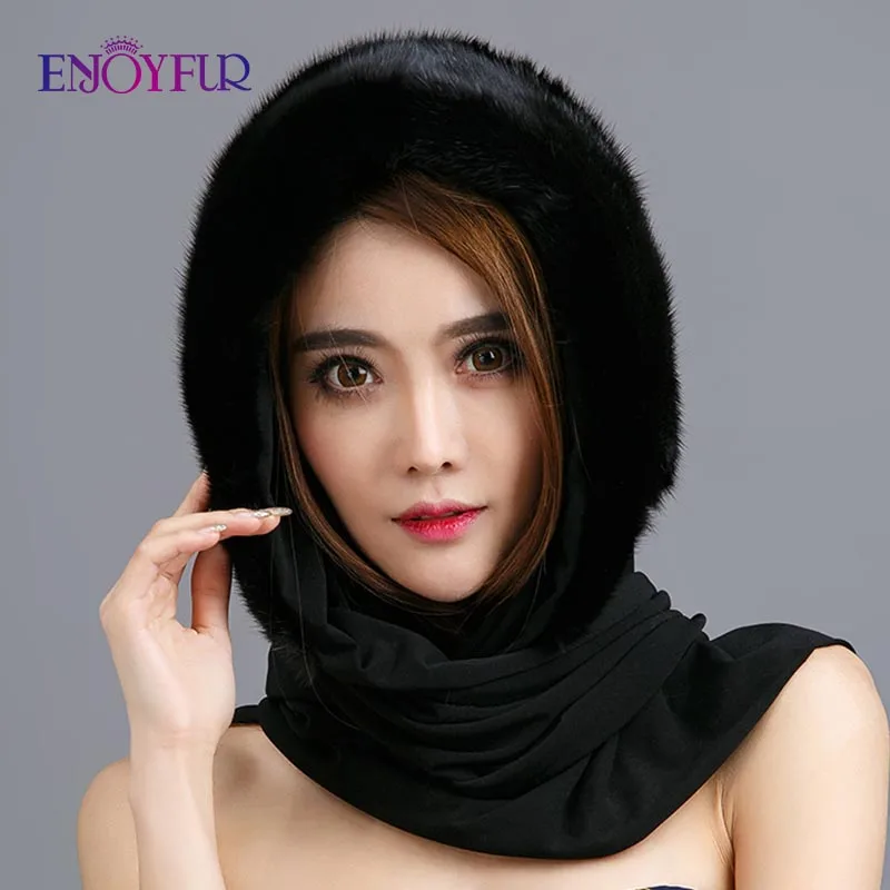 Женская шапка бини ENJOYFUR, элегантная теплая шапка с шарфом из натурального меха в русском стиле, зима меховая шапка из натуральной норки