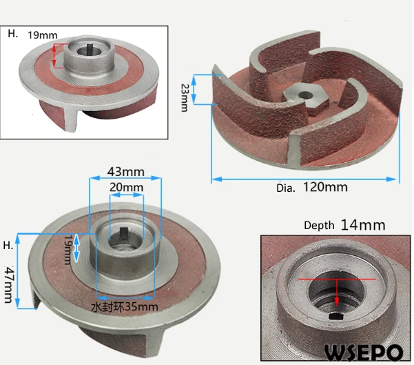 

Iron Impeller with 20mm dia. 14mm Depth Total height 47mm fits for 2 In./ 3 In. Water Pump with 20mm keyed straight shaft