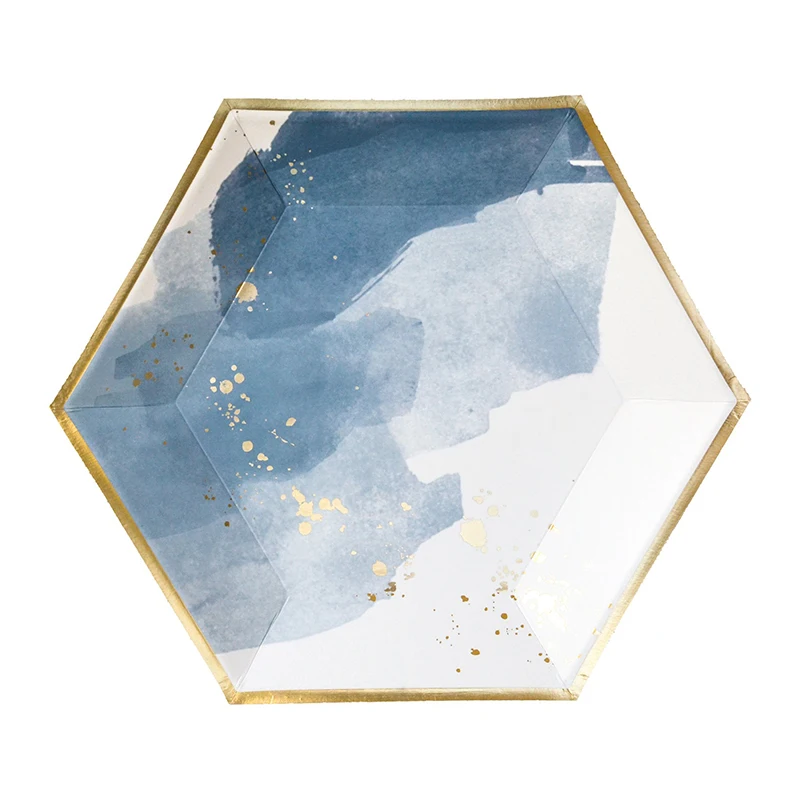 Blue Watercolor Disposable Tableware Gold Foil Striped Paper Plates Cup Napkin Birthday Wedding Party Supplies Anniversary Decor