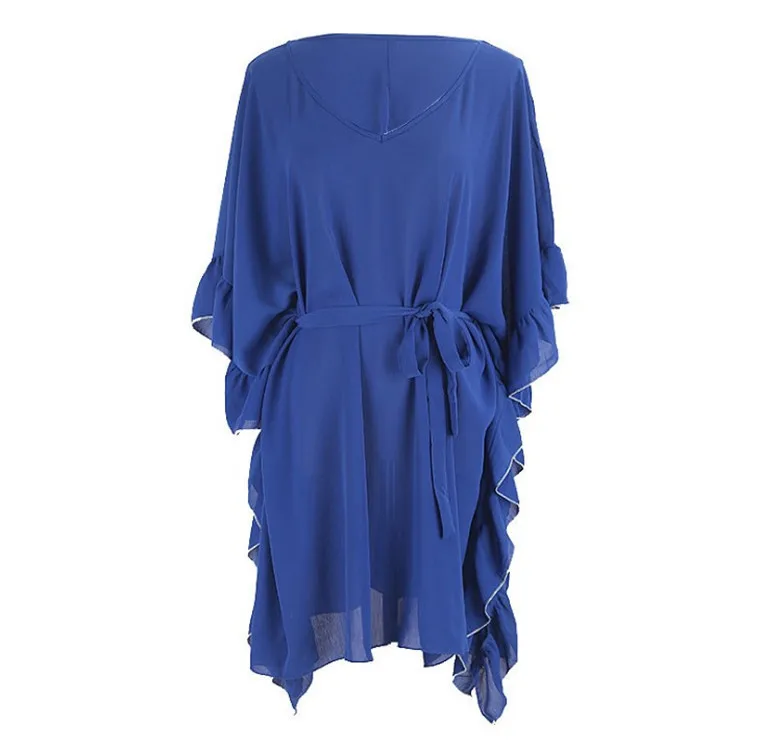 الأزرق الشيفون بيكيني التستر عادية الخامس الرقبة الخفافيش كم الذاتي مربوط الصيف فستان شاطئ صغير تونك المرأة مثير بحر التستر