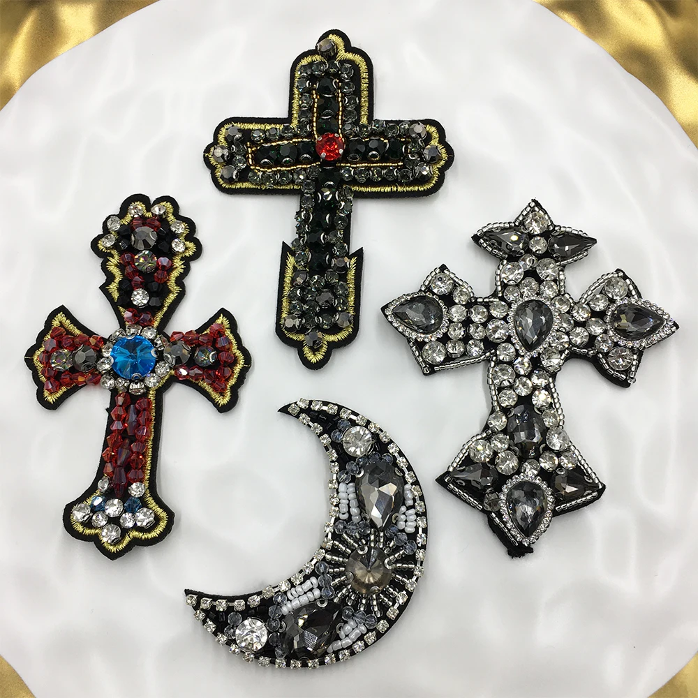 

Manual Embroidery rhinestoneMoon/Cross Patches Crystal Beaded Appliquesfor Sewn on Dress Shoe Jean JacketDIY Accessories Badges