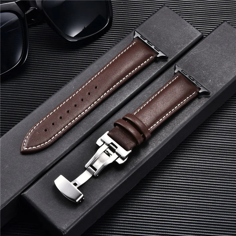 Leder-Uhrenarmbänder für Apple Watch 8, 7, 6, 5, 4, 3, SE, Schmetterlingsverschluss, Ersatz-Armband, 38/40/41 mm, 42/44/45 mm, Band für iwatch – Detail 10