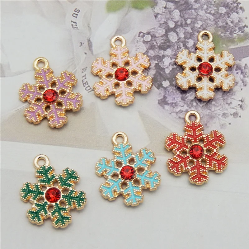 6PCS Enamel Snowflake Charms Rhinestone Mix Colors Christmas Decor Necklace Keychain Pendant Bracelet Earring Jewelry Accessory