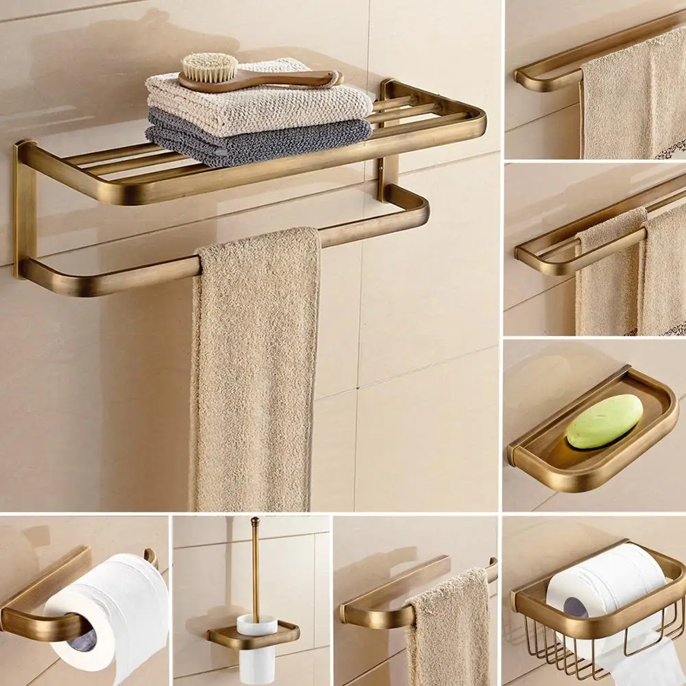 Antique Brass Square Bathroom Hardware Sets Bath Accessories Wall Mounted Paper Towel Holder Bath Towel Bar Rack Kxz004