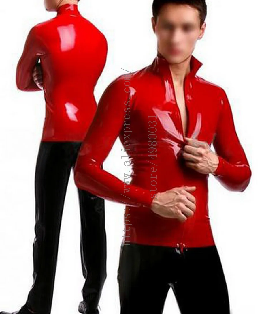 

Sexy 100% handmade men's latex tops tight coat with front zip decoration in red color